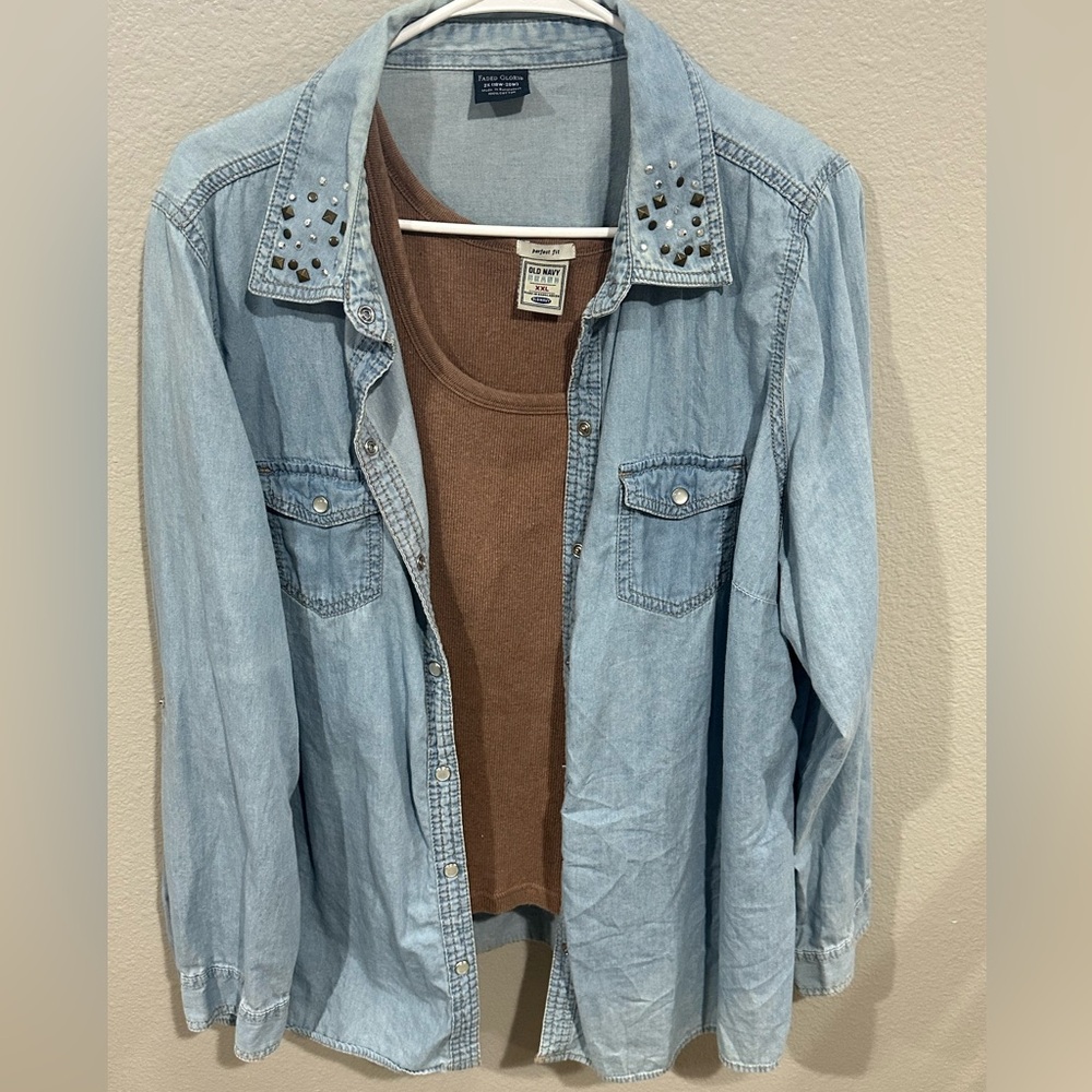 Studded Denim Shirt with Brown Top